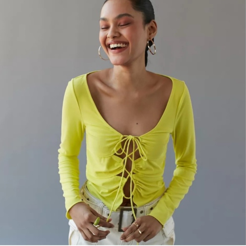 URBAN OUTFITTERS Elena Drawstring Yellow Cut Out Top